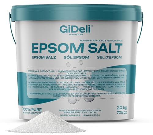 GiDeli Epsom Sal de 20 kg de sulfato de magnesio, calidad farmacéutica, sal de baño en cubo, 100% sal natural, baño de pies, cuidado de la piel, baño relajante (20000 g)