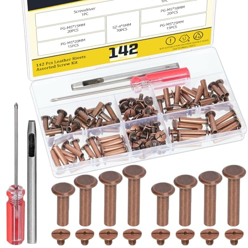 Mardatt 70 Sets Red Bronze M5 x 15/18/20/25mm Chicago Screws Kit, Leather Rivets Screw Rivets Chicago Binding Screws with Setting Tools for Leather Craft Belt Bag Shoes Purse Bookbinding