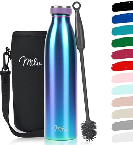 Milu Edelstahl Trinkflasche 350ml, 500ml, 750ml, 1L, 1,5L – Thermosflasche für Kinder Erwachsene auslaufsicher Isolierflasche Kohlensäure geeignet– inkl. Reinigungsbürste (Aurora, 750ml)