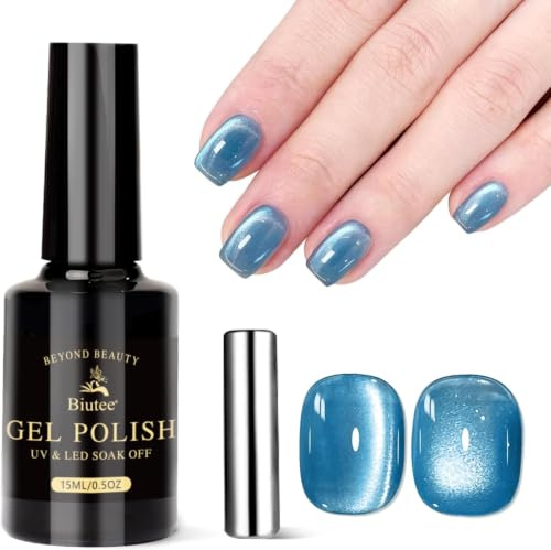 Biutee Smalto semipermanente magnetico Cat Eye Blu 15ml | Formato 15ml, Effetto Cat Eye magnetico brillante, Formula soak-off UV/LED, Ideale per nail art fai da te e salone