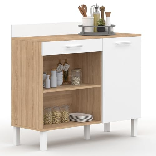 IDMarket - Buffet Bas de Cuisine 100 cm CINA façon hêtre et Blanc
