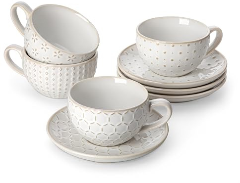 MALACASA Serie LYDIA, Juego de 4 Tazas de Café para 4 Personas, 180 ml, Tazas Cafe Espresso Apilable con Platillo, Ideal para Espresso, Capuchino, Latte, Moka y Té, Diseño en Relieve