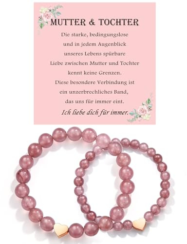 USEEDOVIA Armband für Mutter & Tochter Rosa Beads 8 mm & 6 mm Groß Klein Pink Kristallperlen mit Rosegold Charm Herz Armband 2 Stück Armbänder Set Tochter Mama Geschenke