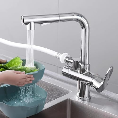 Küchenarmatur mit Spülmaschinenanschluss Wasserhahn Küche Ausziehbar Schwenkbar 2 Griffe Spülenarmatur Messing-Verchromt