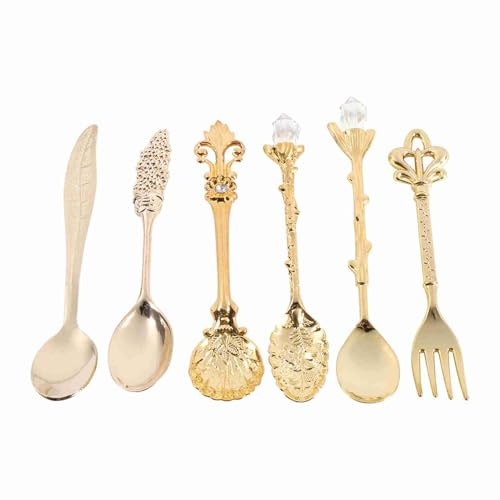 Cufaee Cuchada de 6 piezas cuchara vintage, cuchara de material de aleación de zinc y set de horquilla, cubiertos de metal real para cubiertos de cocinas para la cuchara de frutas (Oro)