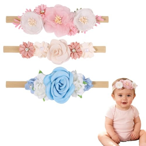 OPVYAEU 3 Stück Baby Haarband Mädchen – Weiche elastische Stirnbänder mit Blumen & Schleifen, Neugeborene Haarband Set für Fotoshooting, Alltag & Geschenk