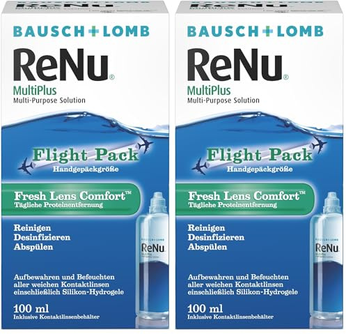 Bausch + Lomb ReNu MultiPlus Kombilösung mit Proteinentferner - Kontaktlinsenreiniger, Aufbewahrungslösung für weiche Linsen, Flight Pack, Reise-Set, 1 x 100 ml (Packung mit 2)