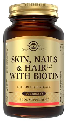 Solgar Pelo, Piel y Uñas con Biotina | 60 Comprimidos | Con zinc, cobre y vitamina C · Contribuye al mantenimiento de piel y cabello