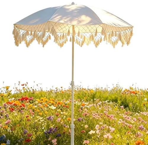 Générique Parasol Bohème À Franges, Parasol D'extérieur À Pompons De 160/200 Cm, Protection Solaire UPF 50+, Pare-Soleil De Table Jardin Inclinable pour Terrasse, Piscine Et Patio(160cm/5.2ft)