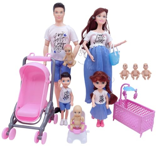 Cylosyn Ensemble de poupées familiales, 5 pièces, Famille de poupées Enceintes avec Papa et 3 Enfants, Mini Figurines Maison poupée pour Faire Semblant Jouer et Jouets éducatifs