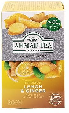 Ahmad Tea - Lemon & Ginger - Früchte- und Kräutertee ohne Koffein - Zitrone und Ingwer - Einzeln Verpackte, Aromaversiegelte Teebeutel mit 2g Tee pro Portion - 20 Teebeutel mit Band