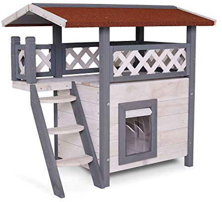 lionto Katzenhaus mit Terrasse und Treppe, Outdoor Lodge für Katzen aus robustem Holz bietet Schutz vor Witterung, 77x50x73 cm, PVC-Lamellen schützen vor Wind, Montageanleitung mitgeliefert, grau/weiß