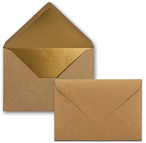 25x Briefumschlag DIN C6 - Kraftbraun mit Goldfutter | Edle C6 Kuverts mit Nassklebung - 11,4 x 16,2 cm - Metallic-Fütterung, matte Oberfläche, ohne Fenster - ideal für Einladungen