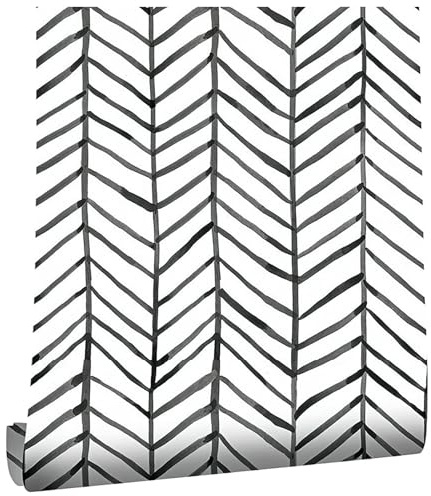 ConCus-T Self Adhesive Black White Herringbone Wallpaper, 44.5x600cm | Peel and Stick Wall Paper for Living Room Bedroom Bathroom Kitchen
