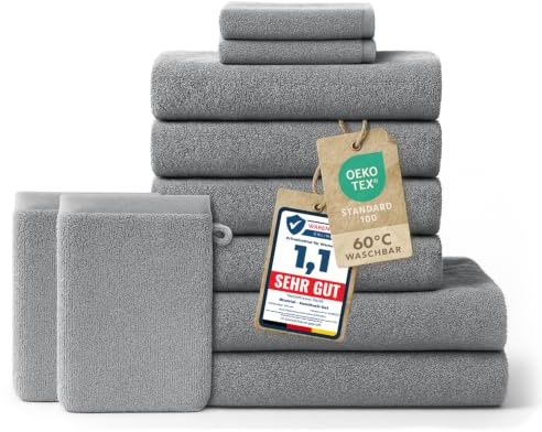 Blumtal Premium Frottier Handtücher Set 10 teilig 100% Baumwolle - Oeko-TEX zert. Badetuch 2X (70x140 cm) + Handtuch 4X (50x100 cm) + Gästehandtuch 2X (30x30 cm) + Waschlappen 2X (15x20 cm) - Grau