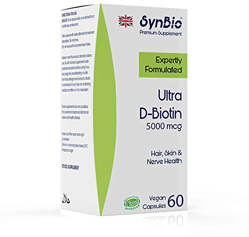 SynBio Premium - Ultra D-Biotin 5000mcg Capsules | Vitamin B7 | Vegan | Vital Nutrient for Healthy Hair and Skin for Women & Men | Support Energy Yielding Metabolism | Made in the UK