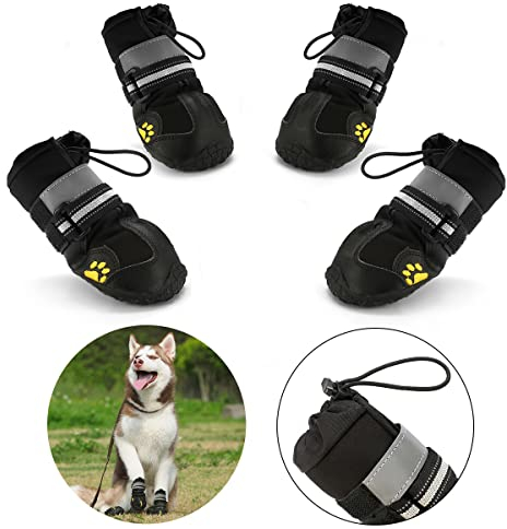AQH Pfotenschutz für Hunde, Hundeschuhe mit wasserdichtem Kunstleder, Anti-Rutsch-Sohle, Reflektierendes Design, Größe 5 (5,6-6,0 cm), Schwarz