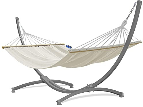 Potenza Outdoor Hängematte mit Gestell für 2 Personen I Stabhängematte XXL 220x160, 200kg I Hängemattengestell 220kg Wetterfest (Ecru, Gestell Grau)