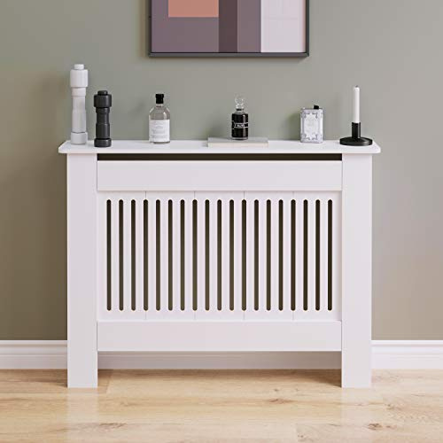 BELIWIN Radiator Cover Heater Cover Cabinet Radiator Shelf MDF Wood Vertical Slat White Grey Radiator Covers Living Room Furniture (white, M)