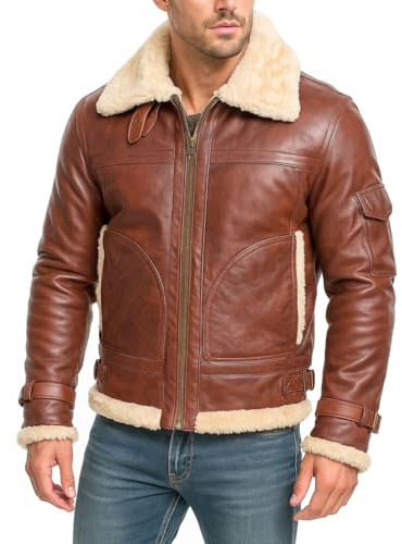 Fashion_First Chaqueta de aviador de piel de oveja auténtica B3 para hombre, estilo aviador, estilo piloto volador, abrigo de vuelo vintage de invierno de la Segunda Guerra Mundial, marrón, M