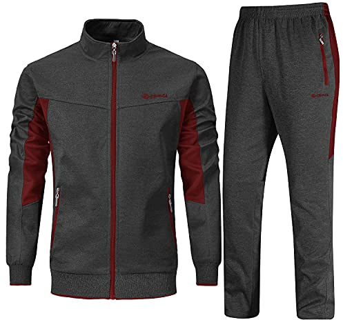 Rdruko Mens Long Sleeve Tracksuits | 2 Piece Casual Sweatsuits Sports Lounge Wear Sets Zip Jacket Full Set Open Hem Running Drawstring Joggers with Zipper Pockets