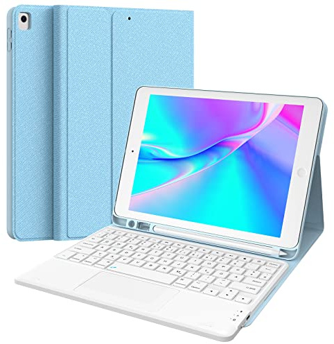 Earto Tastatur Hülle für iPad 10.2 Zoll 9/8/7 Generation | 2 BT Kanäles, Wiederaufladbar Abnehmbare QWERTZ Tastatur, Blau