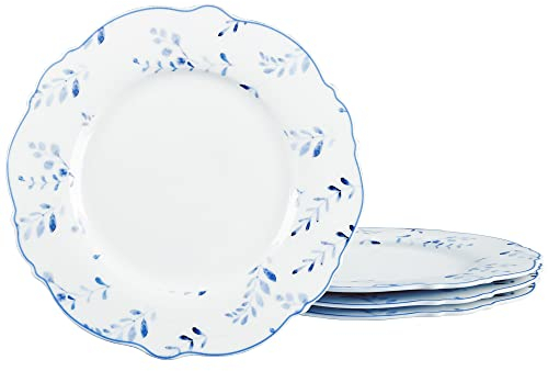 fanquare Plato de Porcelana Básico de 4 Piezas para el Desayuno, Juego de Platos Postre Redondo con Hojas y Hierba Azules para Regalo y Hogar, 20cm