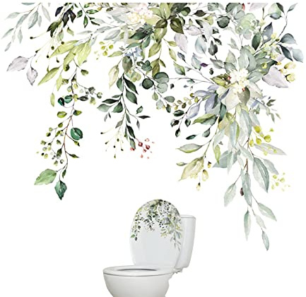 SunaOmni Autocollants De Toilette Feuilles Plantes Couvercle Siège Peel Amovible Murale Autocollant Mural Salle Bains Décor Fleurs Vertes