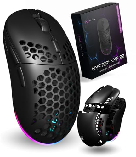 Nyfter - NYF22 Wireless Gaming Mouse Ultraleicht 75g leistungsstark mit 400mA 19K DPI, 400 IPS 1000 hz 50h Akkulaufzeit langlebig Zwei wechselbare Cases inkl. (Black)