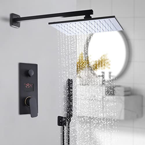 Duschsystem Unterputz Set, Schwarz Duscharmatur Regendusche Duschgarnitur mit 30 x 30 cm Eckigem Brausekopf aus Edelstahl und Messing, LED Temperaturanzeige