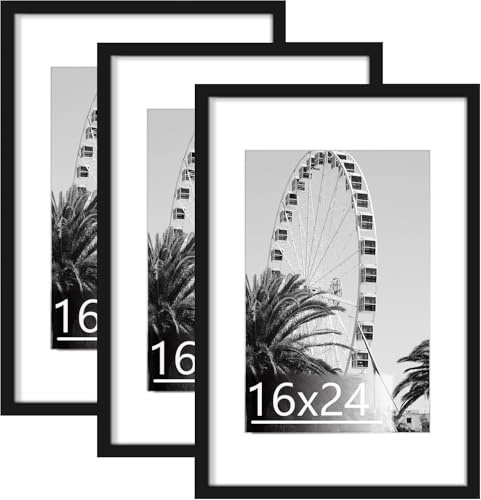 Abtgt 16x24 Frame Set of 3, Display Pictures 12x18 with Mat or 16 x 24 without Mat, Poster Frames for Vertical & Horizontal Wall Hanging Display, Black