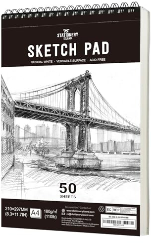 STATIONERY ISLAND Skizzenbuch, A4 Zeichenblock 180 g/m² Dickes Papier, 100 Seiten / 50 Bögen Spiralgebundenes DIN Sketchbook 1 Packungen
