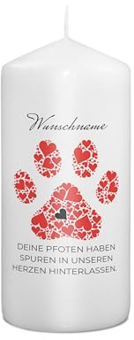 PhotoFancy® - Personalisierte Trauerkerze - Fotokerze mit eigenem Foto/Text bedrucken lassen - Kerze mit Design: Pfote mit Herzen - 15 cm Höhe