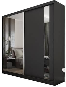 Margaret Hadas24 Kleiderschrank Gabo mit Spiegel, Organizer, Mehrzweckschrank, Schwebetürenschrank, Garderobenschrank, Kleiderstange, Kleiderständer, Flurschrank, Garderobe, Schrank, schwarz, 200 cm
