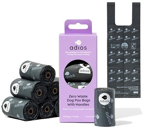 Adios Plastic – Komposterbara hundbajspåsar med handtag, 120 st (8 rullar) – grå färg – extra tjock, läckagesäker, luktsäkra hundavfallspåsar – tillverkade av komposterbar majsstärkelse – lättrivna