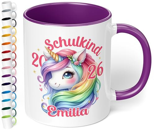 True Statements „Schulkind 2025“ Geschenk zur Einschulung für Mädchen: Keramik-Tasse - EINHORN pastelle Mähne - 330ml - personalisiert mit Namen Erstklässler Schüler 1. Klasse, Violett