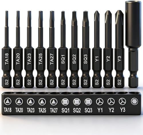 12 Stück Dreieck Bit Schraubendreher Set, 50mm langer Magnetisch Dreieck Bit Set, Vierkant Bits, Tri-Wing Bitsatz, S2 Schraubenzieher Set Mit 60mm Bits Halter