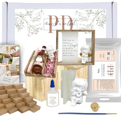 PD mach's selbst PAUL & DANIELA Gießpulver Starterset Engel, Geschenke selber Machen, Holzklötzchen zum basteln, Schutzengel, Silikonform Engel, gipspulver zum gießen