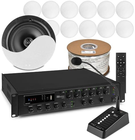 12x 5.25'' PD NCSP5 Ceiling Speaker Package with 6-Zone Multi Room Amplifier & Paging Microphone | Bluetooth, USB MP3, Internet Radio, Priority Muting | Multi Room Ceiling Speaker System