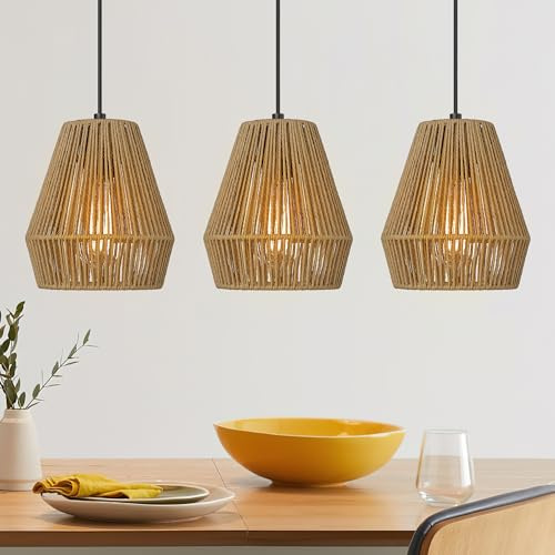 ELYONA 3er-Set Boho Rattan Hängelampen, 18 cm Moderne Geflochtene Pendelleuchten mit Handgeflochtenem Rattanschirm, Verstellbare Landhaus- & Küstenstil-Leuchten für Kücheninsel, Esszimmer & Bar