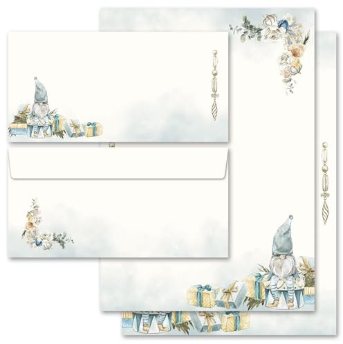 Briefpapier Set, 40 tlg. WEIHNACHTSWICHTEL, 20 Blatt Briefpapier + 20 passende Briefumschläge ohne Fenster, DIN A4 & DIN LANG im Set., Briefpapier mit Umschlag