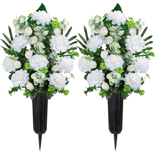 Velibobo Künstliche Blumen mit Vase, 2 Stück Grabblumensträuße, künstliche Chrysanthemenblumen für Grab Friedhof Hochzeit Hof Hausdekoration (Weiß)