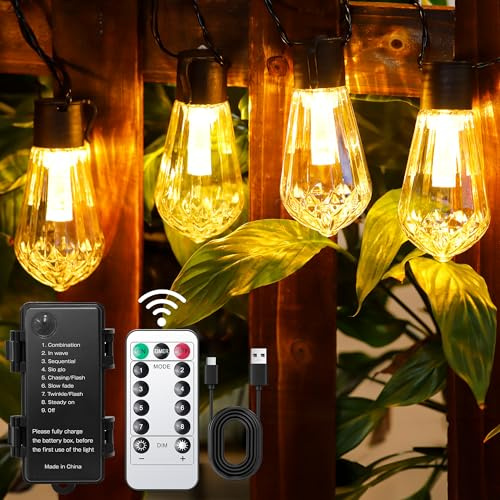 DSLebeen Rechargeable Battery Festoon Lights 30FT Dimmable with Remote | Battery Powered Outdoor Lights, Rechargeable 5000mAh battery, USB-C charging, Remote Control, Dimming, Timer, Waterproof IP64