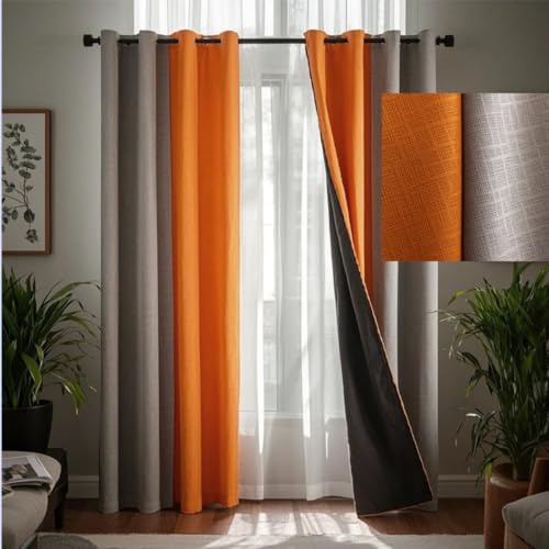 F-CHU Burnt Orange Curtains for Living Room Grey and Orange Patchwork Curtains Thermal Insulated Room Darkening Window Drapes for Bedroom Grommet 102 inch Long 2 Panels