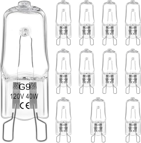 G9 Halogen Bulb 40W 2 pin 120 Volt Dimmable Long Lifespan T4 JCD Type Bi-pin Base for Chandeliers,Landscape Lights,Microwave Oven,Pendants,Range Hood Lights Replacement Warm White, (Pack of 12)