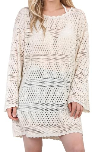 Taoyoule Baddräkt täckande för kvinnor baddräkt virkad sommar badkläder stickad pullover flera färger strandklänning, BEIgE, M
