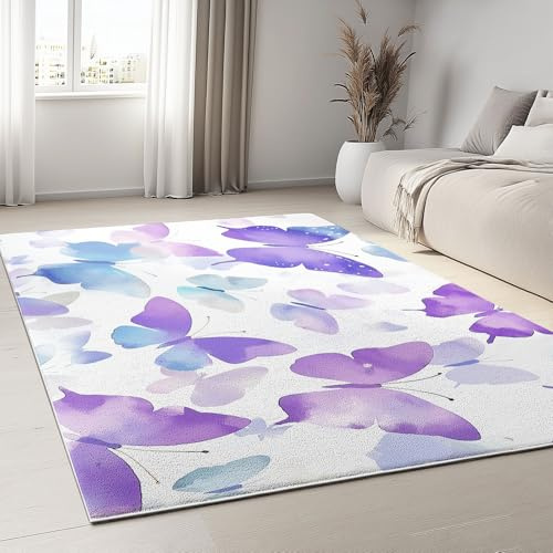 Generisch Kinderteppich 120x170 cm Aquarell lila Schmetterling Läufer Flur Teppich, Waschbar Kurzflor Weich rutschfest Print Teppiche für Küche Schlafzimmer Badezimmer Flur Büro, Lila