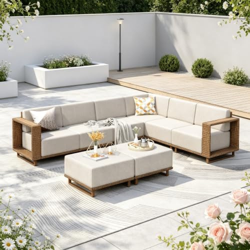 PHI VILLA Rattan Gartenmöbel Set mit 25 cm Kissen, 8 Personen Outdoor Lounge Möbel Ecksofa mit 2 Ottomanen, L-Form Gartenlounge Gartensofa Terassenmöbel für Außen, Beige