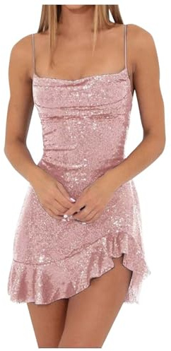 Duohropke robe à paillettes femme - Robe bretelles spaghetti - Courte - Fête - Cocktail - Bal - Mini - Soirée, Rose, S