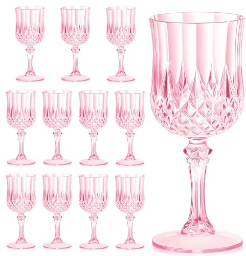 XXUE Plastic Wine Glasses Reusable | Vintage Goblets 207ml - Suitable for Wedding Receptions, Grand Events, Picnics & Disposable Party Supplies (12, Pink)